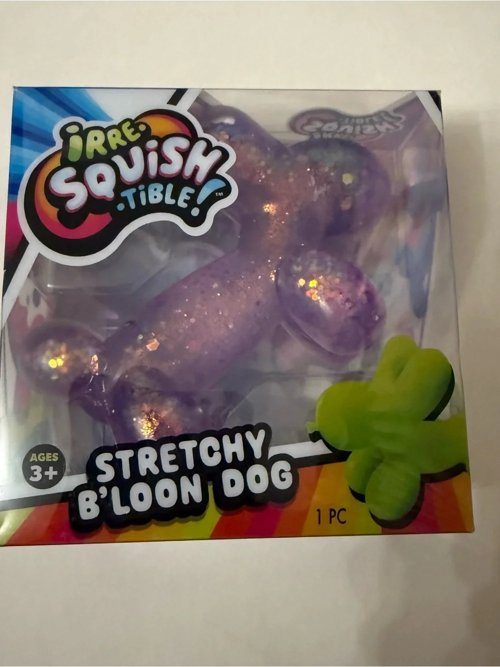 Irre-Squish-tible Stretchy B'Loon Dog Toy Pink and Purple Glitter